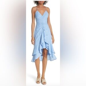 JOIE EBERTA FRENCH Chambray Blue stripe ruffle dress trimmed high/low midi dress